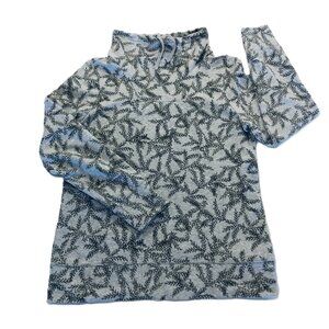 LL Bean Sweatshirt Grey Allover Leaf Size S Petite Mock Neck Drawstring Pullover